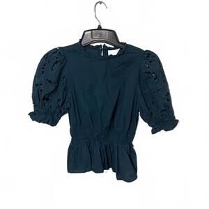 Universal Thread Green Smocked Chic Women's Eyelet Puff Sleeve Peasant Top Small